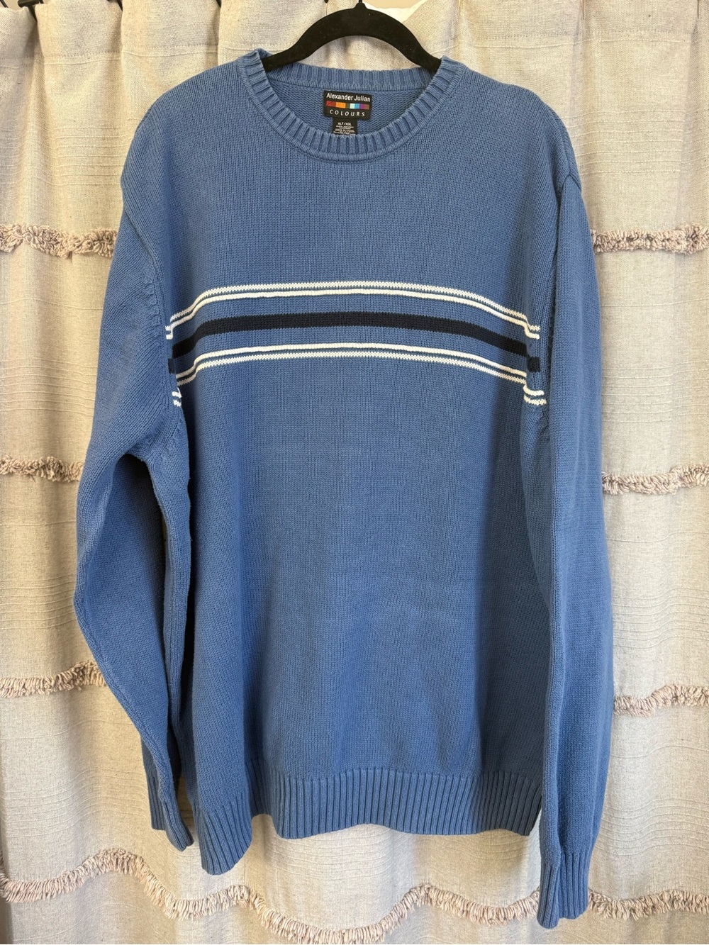 VTG 90's Alexander Julian Colours Blue w/Stripe Men's Crew Sweater-SZ XLT (TALL)